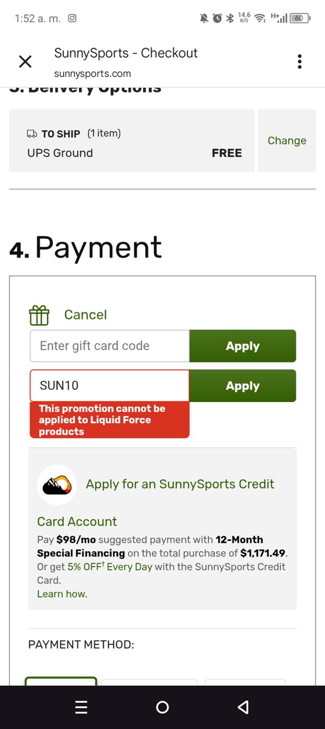 SunnySports checkout page showing SunnySports coupon code box | Screenshot taken by SimplyCodes community member on Jul 18, 2025