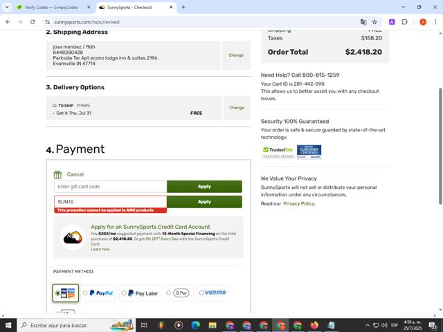 SunnySports checkout page showing SunnySports coupon code box | Screenshot taken by SimplyCodes community member on Jul 25, 2025