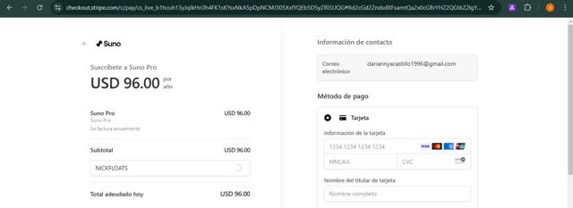 Suno checkout page showing Suno promo code box | Screenshot taken by SimplyCodes community member on Jan 15, 2025
