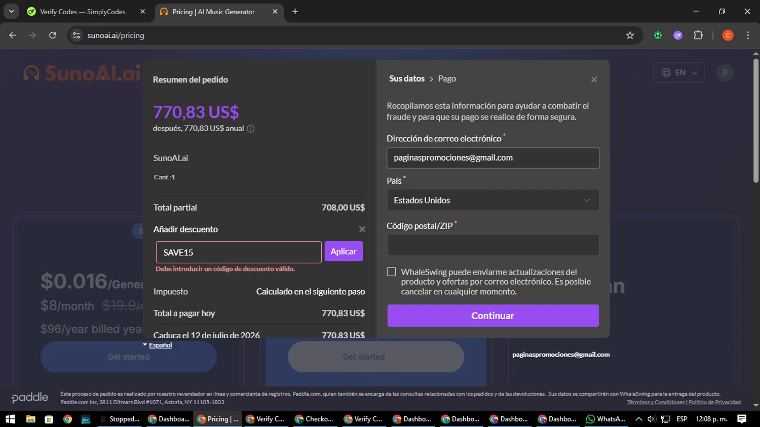 SunoAI.ai promo code screenshot showing code SAVE15 applied at SunoAI.ai checkout page. Uploaded by SimplyCodes community member NatanaelCano on Jul 12, 2025
