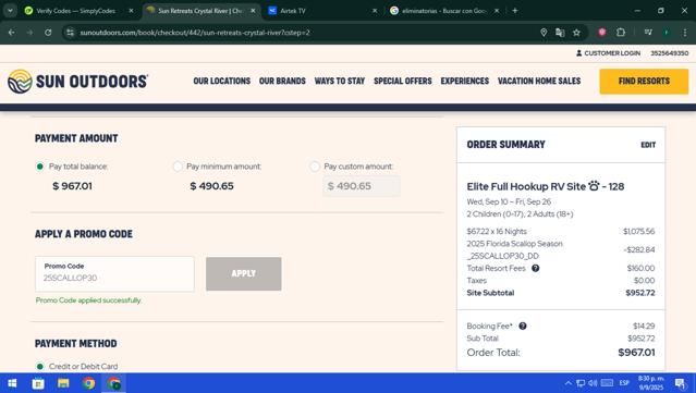Sun Outdoors checkout page showing Sun Outdoors promo code box | Screenshot taken by SimplyCodes community member on Sep 10, 2025