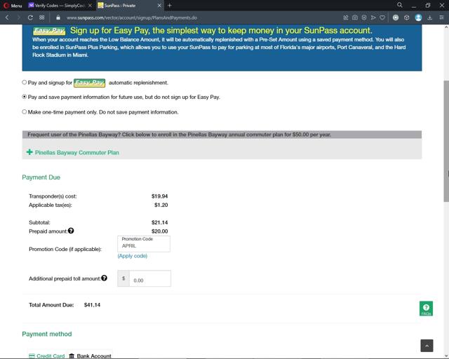 SunPass checkout page showing SunPass promo code box | Screenshot taken by SimplyCodes community member on Jun 5, 2023
