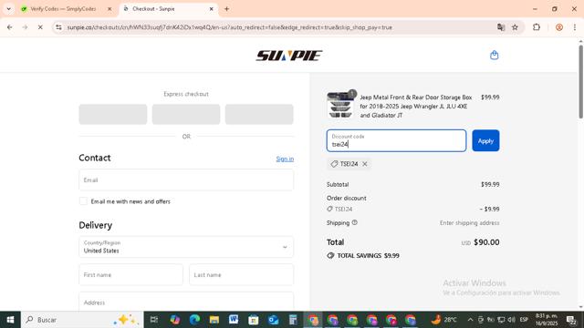 Sunpie checkout page showing Sunpie discount code box | Screenshot taken by SimplyCodes community member on Sep 17, 2025