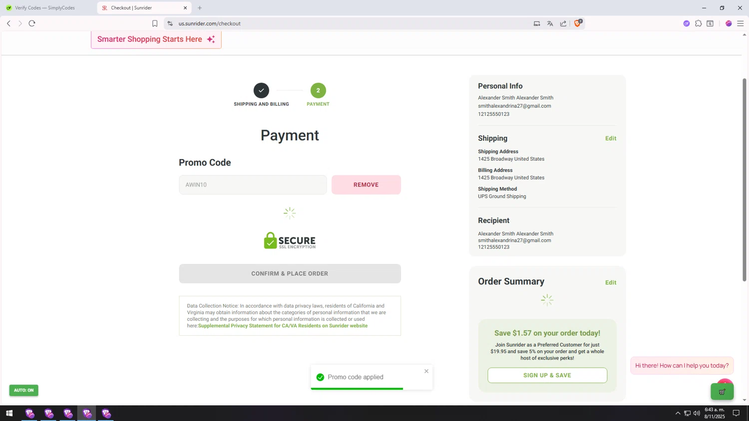 Sunrider coupon code screenshot showing code AWIN10 applied at Sunrider checkout page. Uploaded by SimplyCodes community member SALCHICHA on Nov 8, 2025