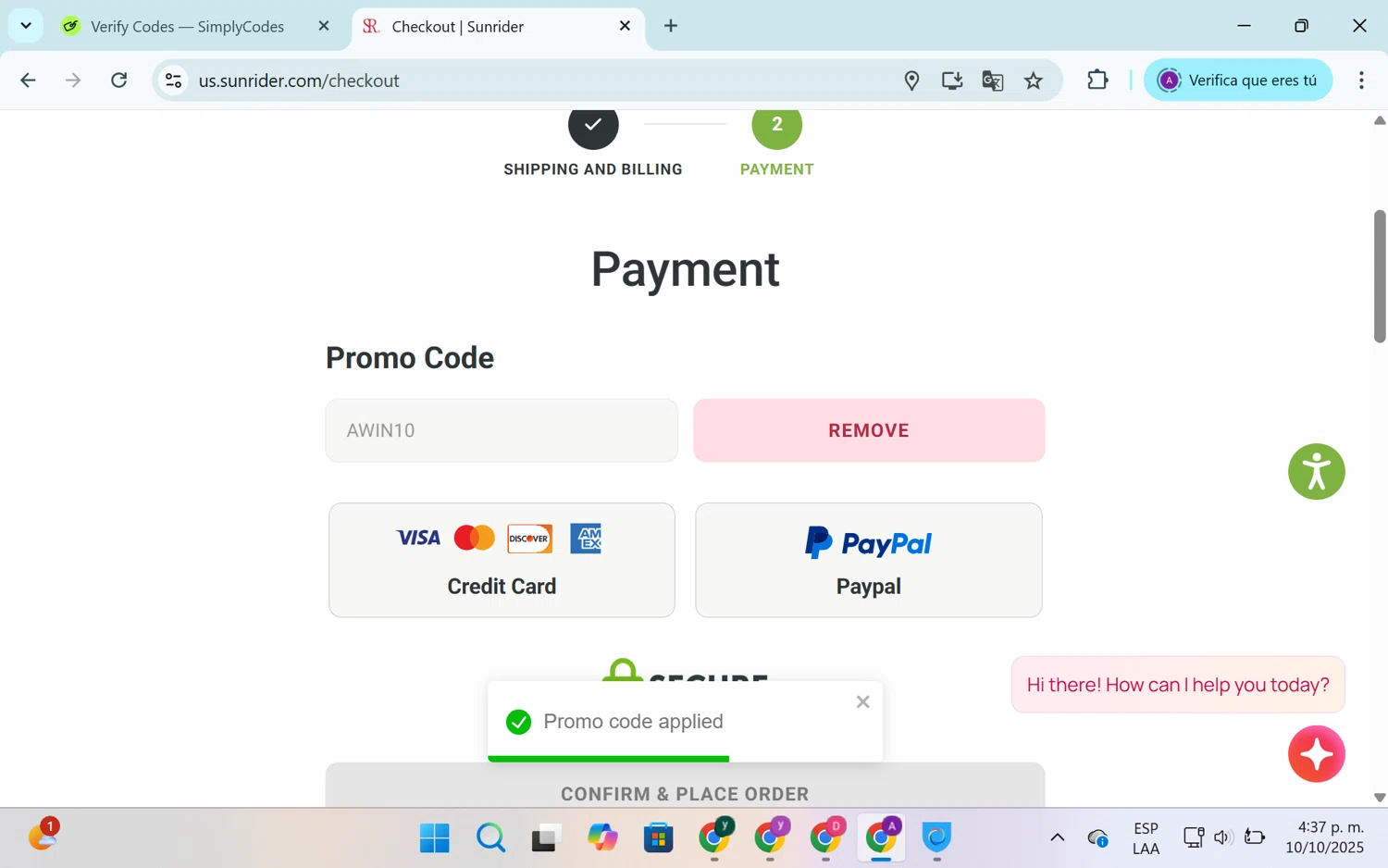 Sunrider coupon code screenshot showing code AWIN10 applied at Sunrider checkout page. Uploaded by SimplyCodes community member SEANJOHN55 on Oct 10, 2025