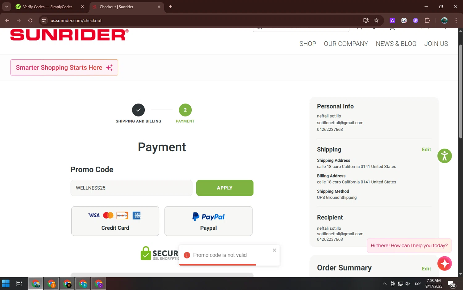 Sunrider coupon code screenshot showing code WELLNESS25 applied at Sunrider checkout page. Uploaded by SimplyCodes community member neurioandrades on Sep 17, 2025