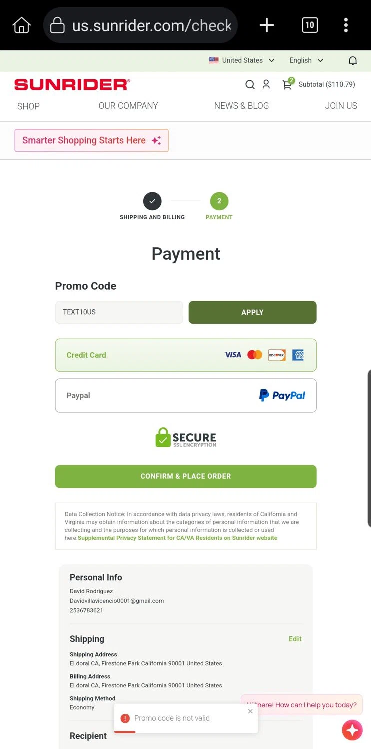 Sunrider coupon code screenshot showing code TEXT10US applied at Sunrider checkout page. Uploaded by SimplyCodes community member Carloslvz on Dec 29, 2025