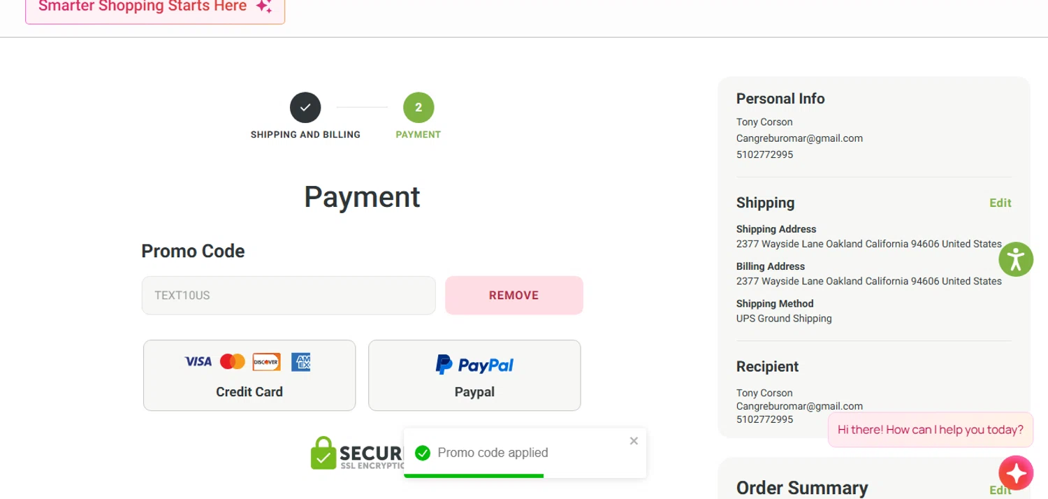 Sunrider coupon code screenshot showing code TEXT10US applied at Sunrider checkout page. Uploaded by SimplyCodes community member xHRxUltrax on Oct 16, 2025