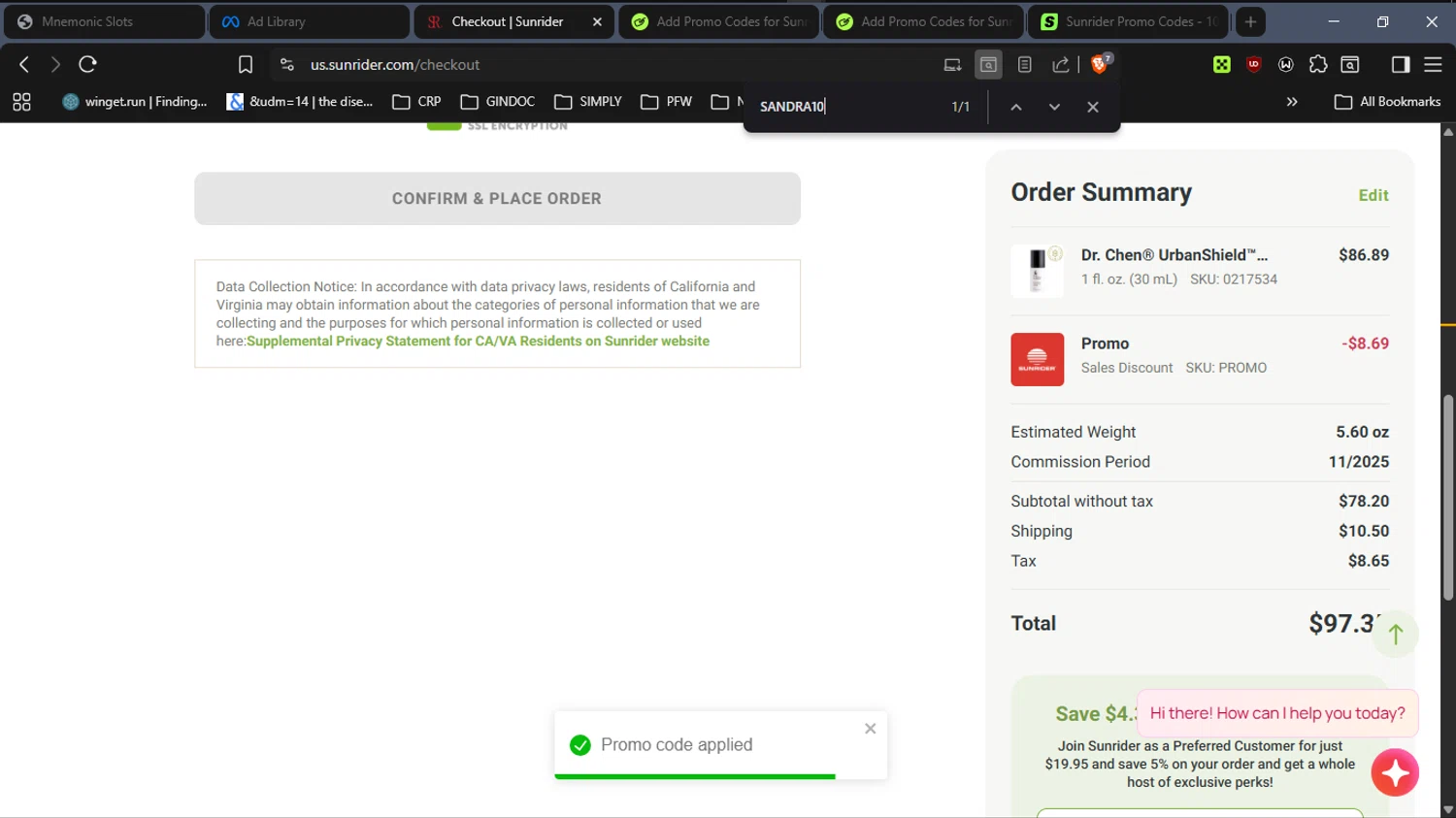 Sunrider coupon code screenshot showing code SANDRA10 applied at Sunrider checkout page. Uploaded by SimplyCodes community member RickhiK on Nov 11, 2025