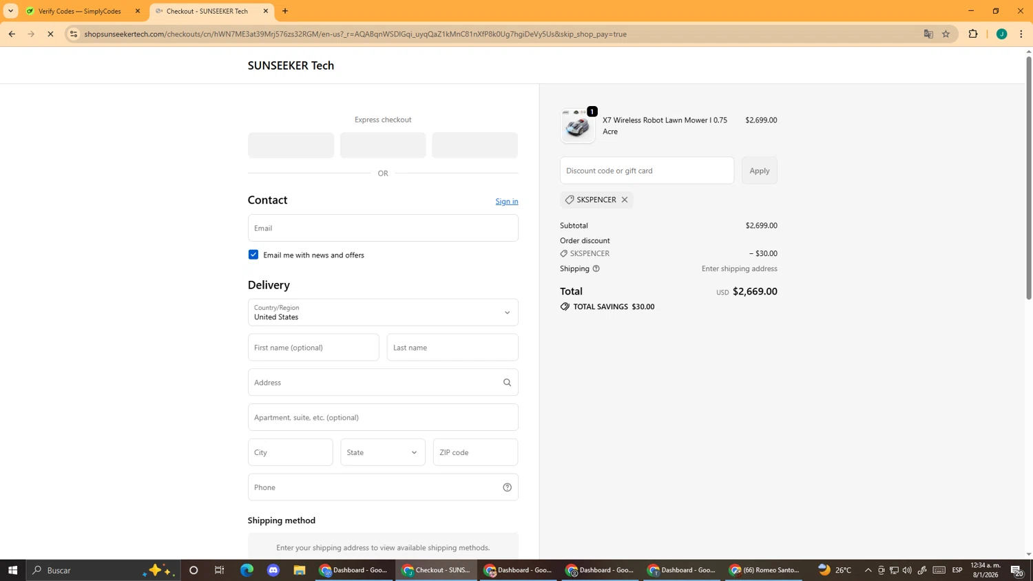 SUNSEEKER Tech checkout page showing SUNSEEKER Tech promo code box | Screenshot taken by SimplyCodes community member on Jan 8, 2026