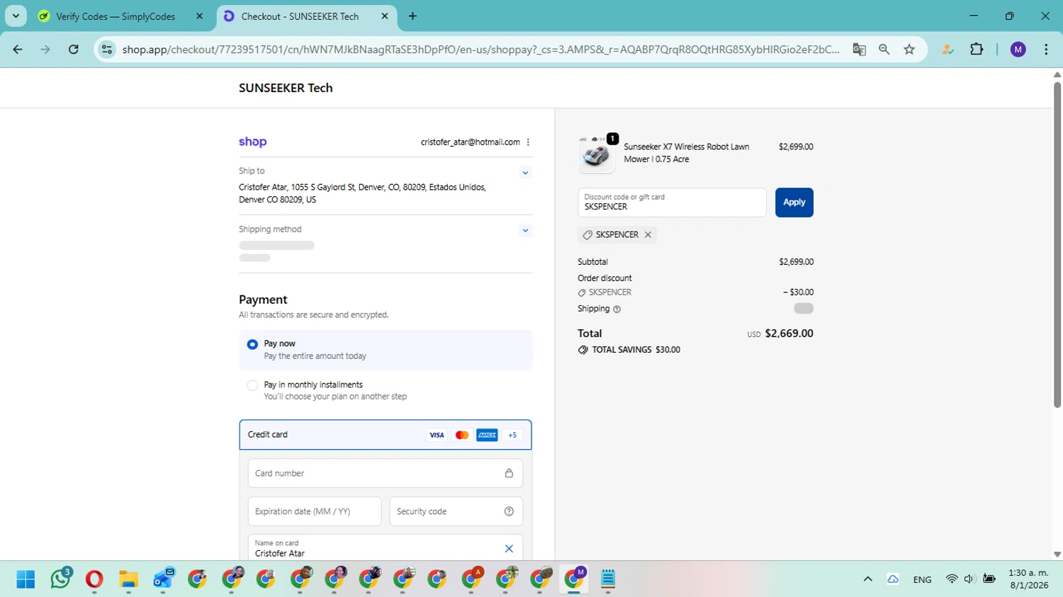 SUNSEEKER Tech checkout page showing SUNSEEKER Tech promo code box | Screenshot taken by SimplyCodes community member on Jan 8, 2026