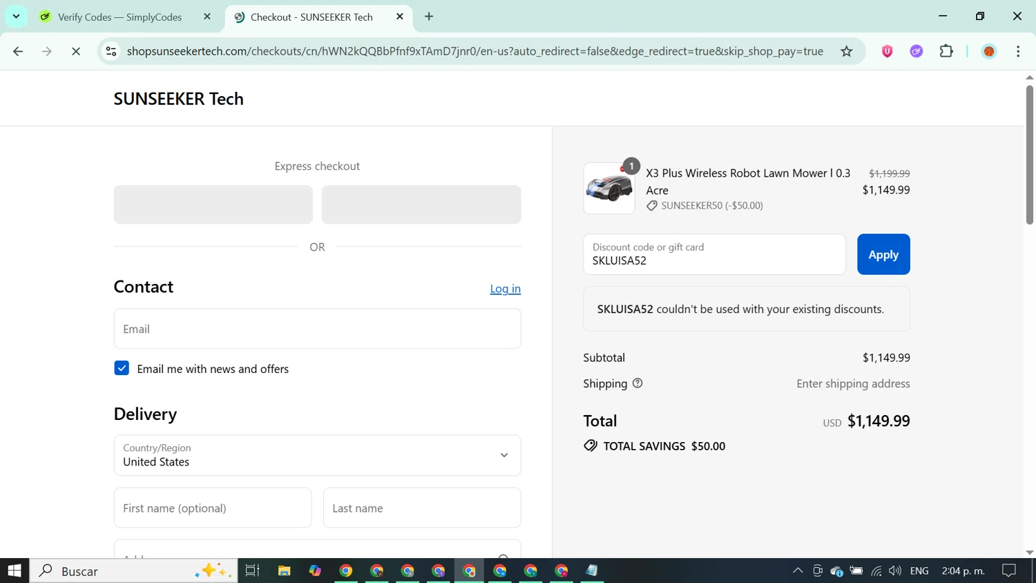 SUNSEEKER Tech promo code screenshot showing code SKLUISA52 applied at SUNSEEKER Tech checkout page. Uploaded by SimplyCodes community member ABUSAMADRES_ on Sep 8, 2025