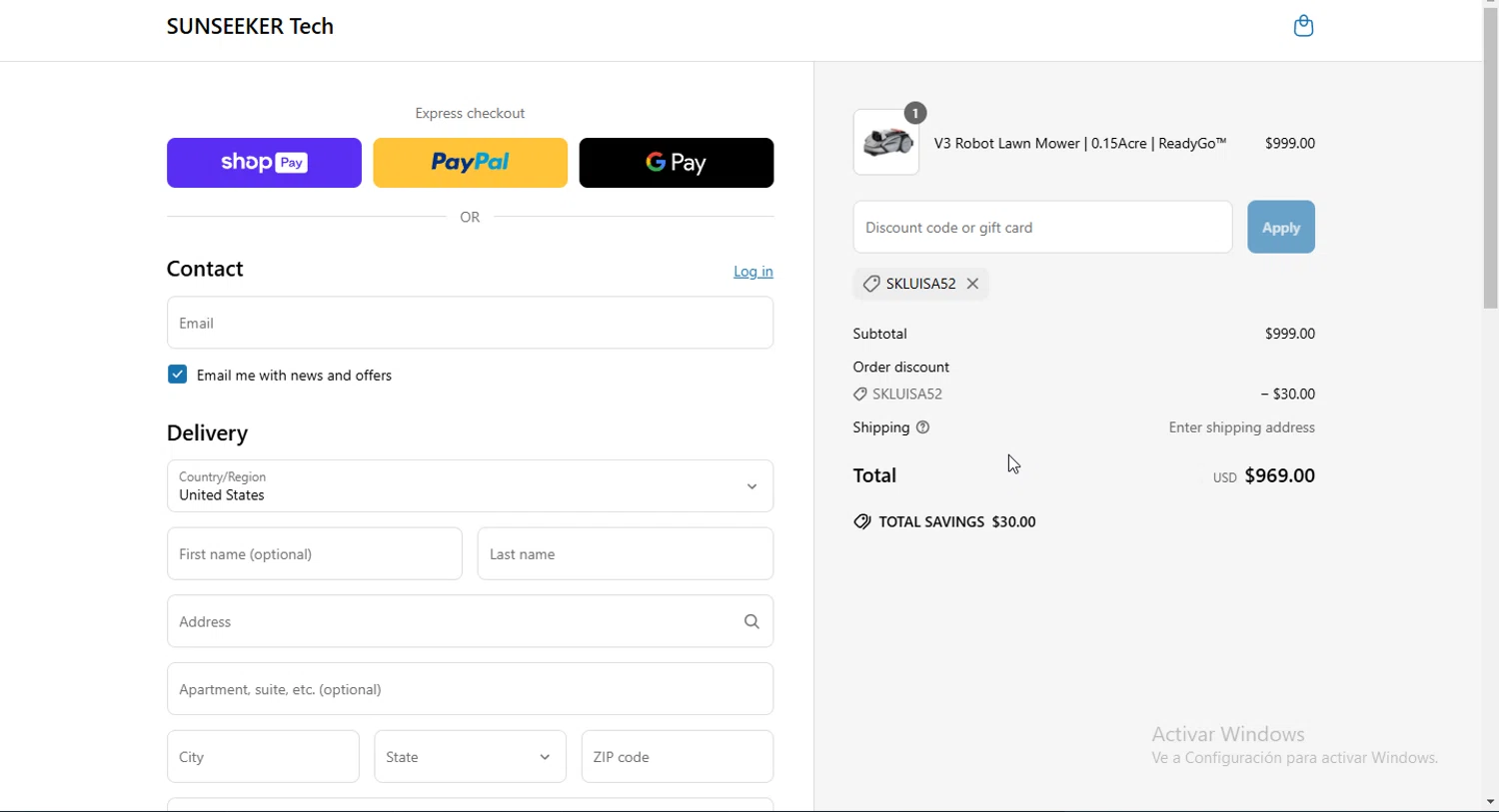 SUNSEEKER Tech promo code screenshot showing code SKLUISA52 applied at SUNSEEKER Tech checkout page. Uploaded by SimplyCodes community member Heibk201 on Mar 31, 2025