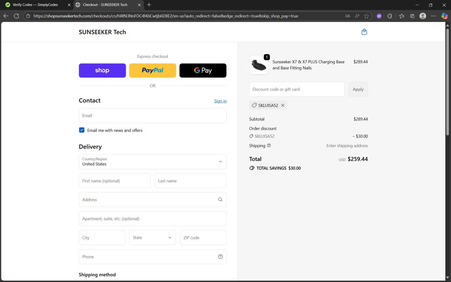 SUNSEEKER Tech promo code screenshot showing code SKLUISA52 applied at SUNSEEKER Tech checkout page. Uploaded by SimplyCodes community member frijolito on Sep 25, 2025