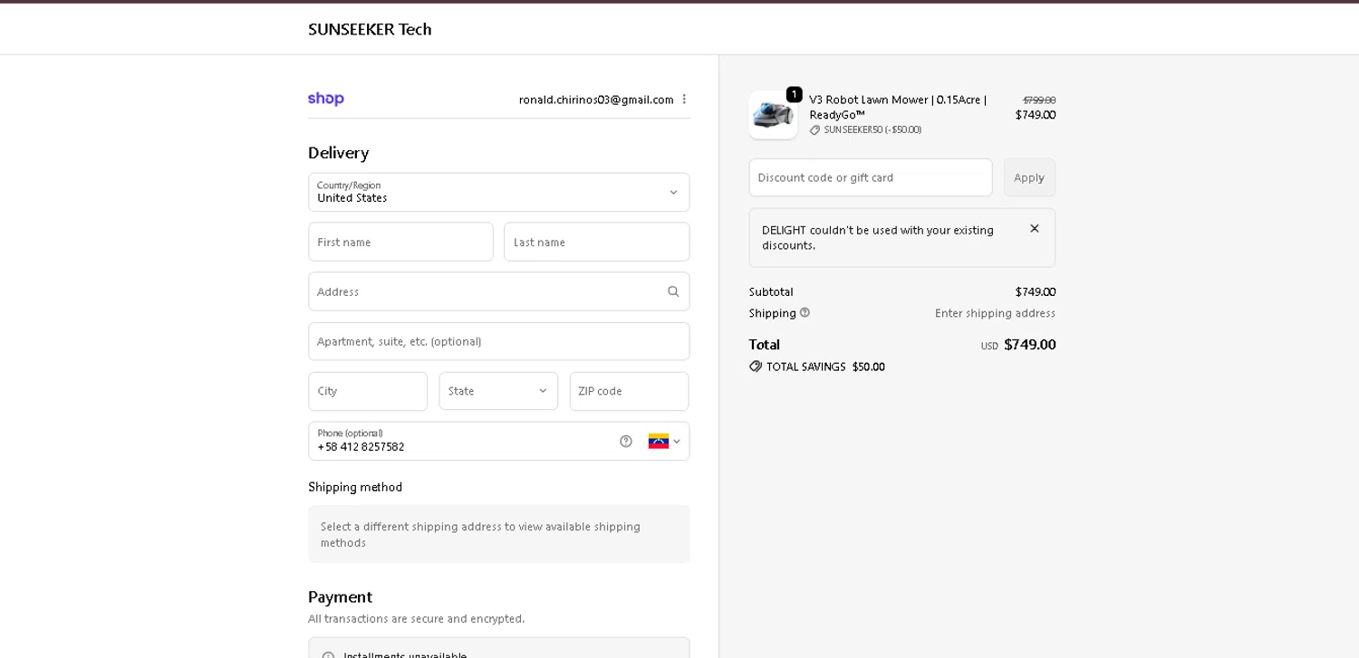 SUNSEEKER Tech promo code screenshot showing code DELIGHT applied at SUNSEEKER Tech checkout page. Uploaded by SimplyCodes community member CodeExpert7814 on Dec 24, 2025