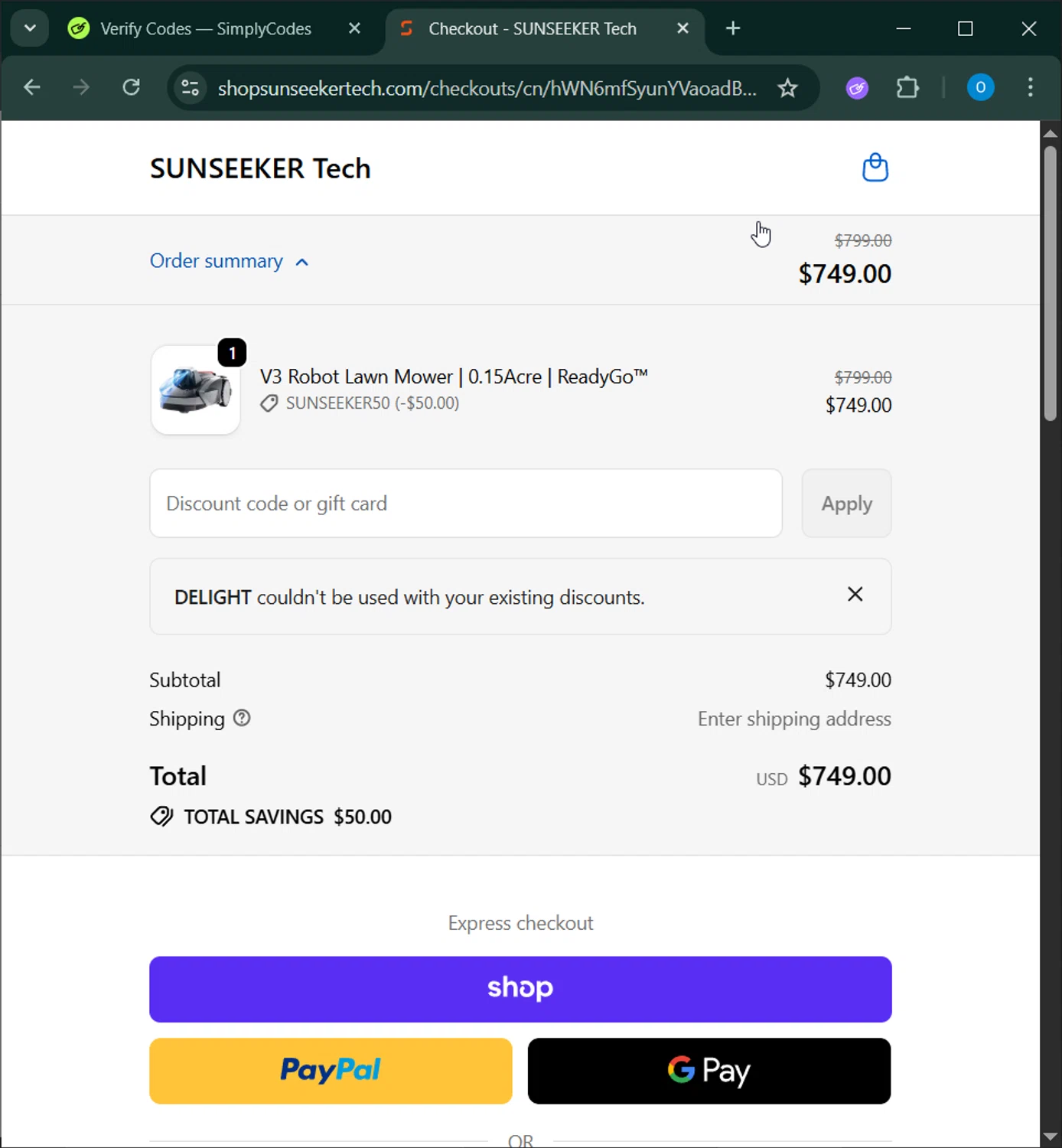 SUNSEEKER Tech promo code screenshot showing code DELIGHT applied at SUNSEEKER Tech checkout page. Uploaded by SimplyCodes community member GoldChaser6627 on Dec 24, 2025