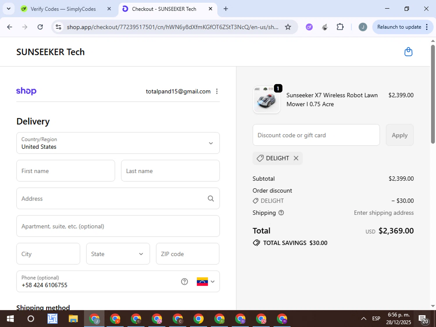 SUNSEEKER Tech promo code screenshot showing code DELIGHT applied at SUNSEEKER Tech checkout page. Uploaded by SimplyCodes community member ValueTracker8384 on Dec 28, 2025