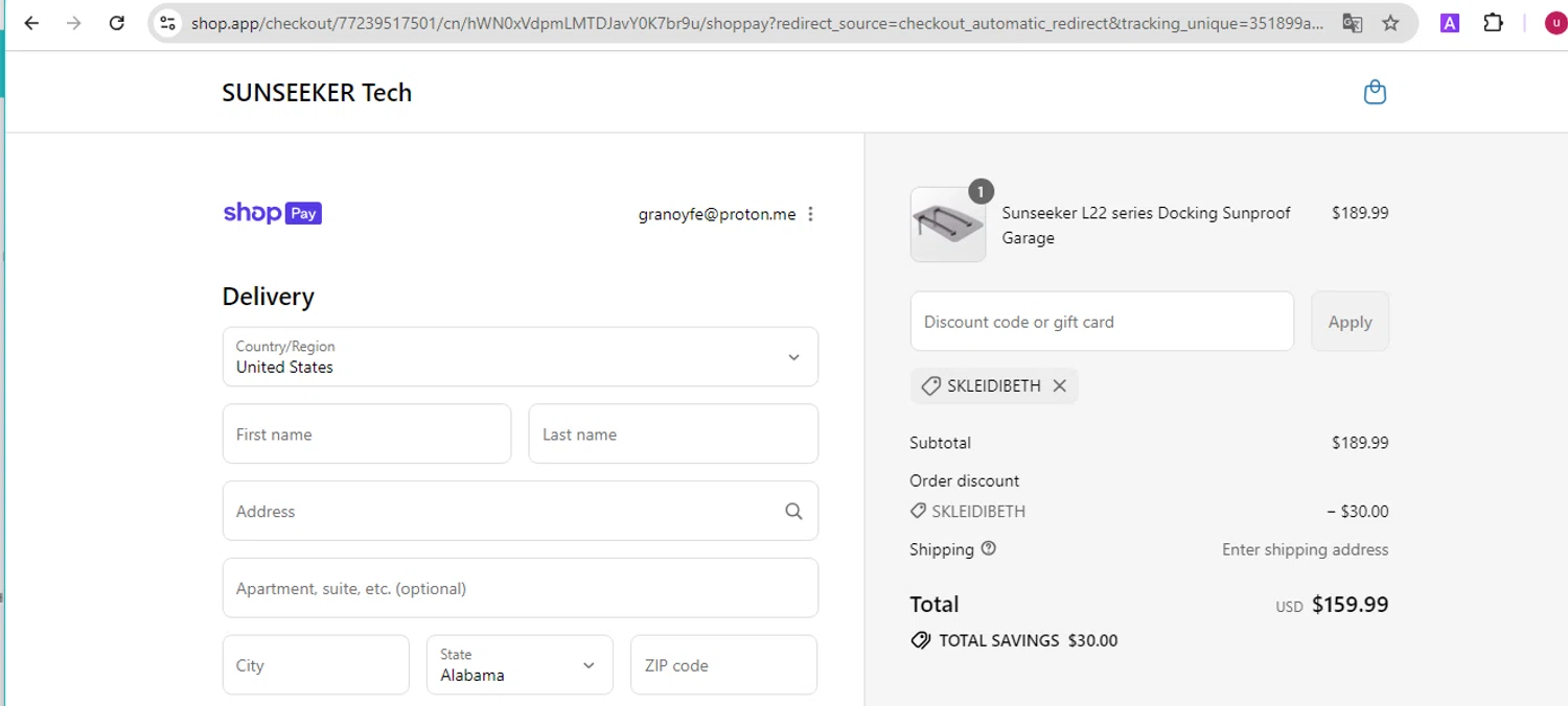SUNSEEKER Tech promo code screenshot showing code SKLEIDIBETH applied at SUNSEEKER Tech checkout page. Uploaded by SimplyCodes community member MARCVH on Jul 23, 2025