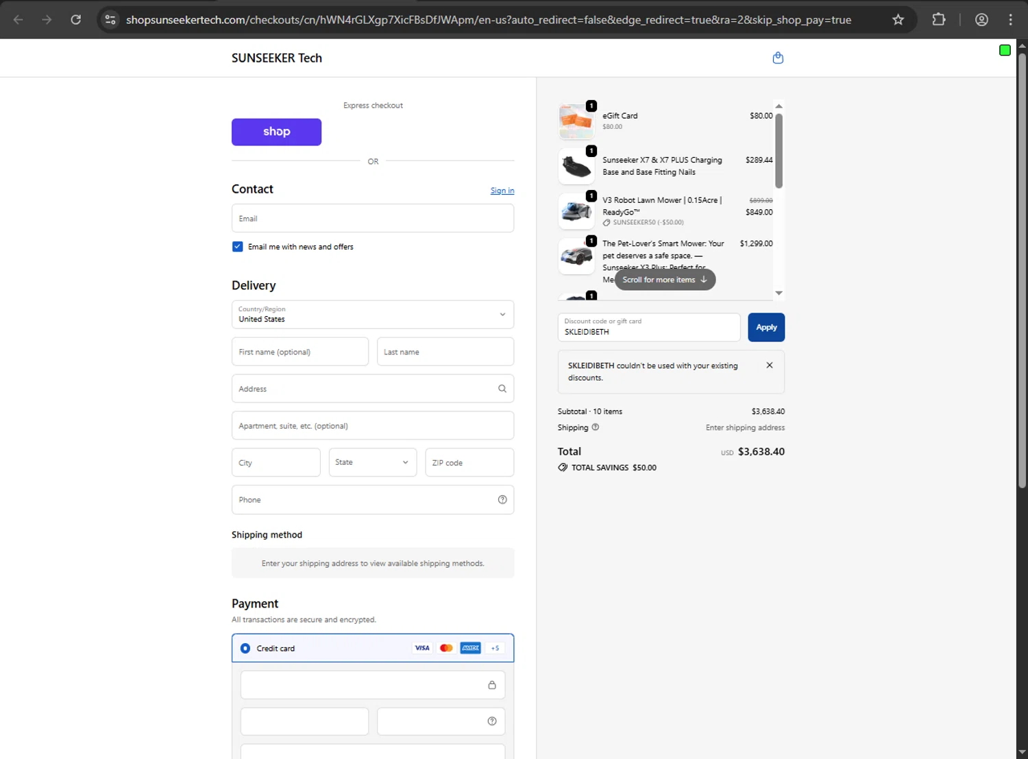 SUNSEEKER Tech promo code screenshot showing code SKLEIDIBETH applied at SUNSEEKER Tech checkout page. Uploaded by SimplyCodes community member MAHORAGA on Nov 3, 2025