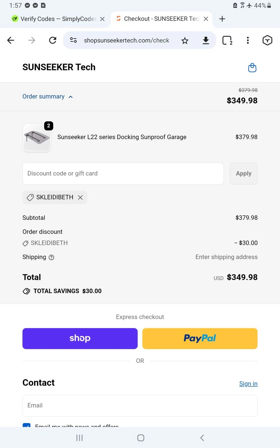 SUNSEEKER Tech promo code screenshot showing code SKLEIDIBETH applied at SUNSEEKER Tech checkout page. Uploaded by SimplyCodes community member Nohely on Sep 29, 2025