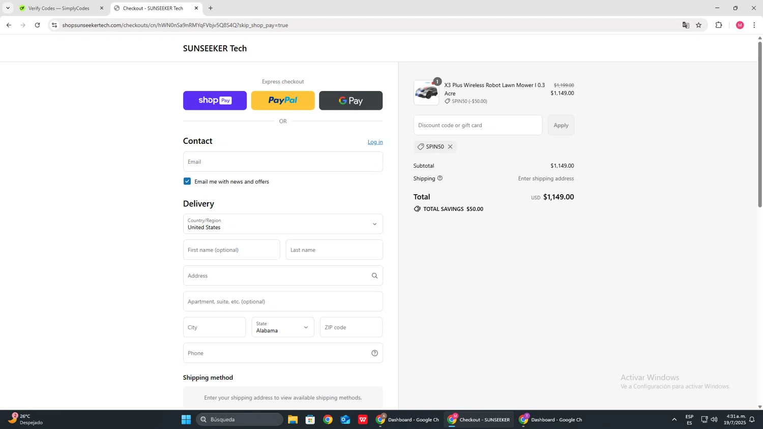 SUNSEEKER Tech promo code screenshot showing code Spin50 applied at SUNSEEKER Tech checkout page. Uploaded by SimplyCodes community member CBR600 on Jul 19, 2025