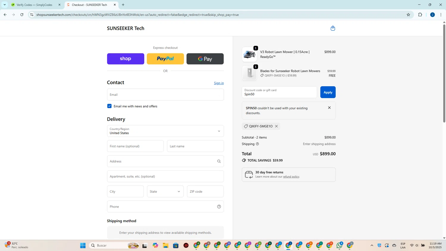 SUNSEEKER Tech promo code screenshot showing code Spin50 applied at SUNSEEKER Tech checkout page. Uploaded by SimplyCodes community member CrownElite7615 on Oct 3, 2025
