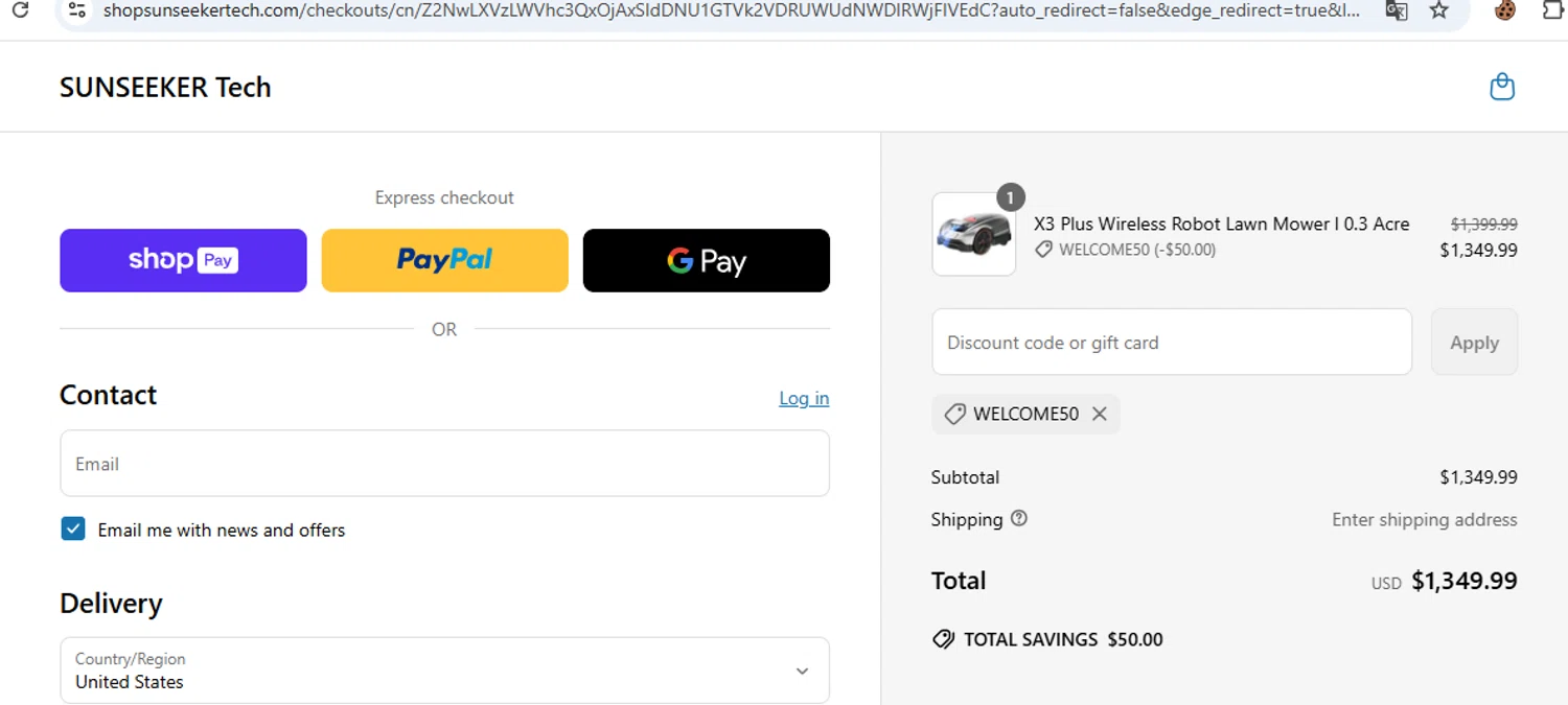 SUNSEEKER Tech promo code screenshot showing code WELCOME50 applied at SUNSEEKER Tech checkout page. Uploaded by SimplyCodes community member javierprez on May 28, 2025