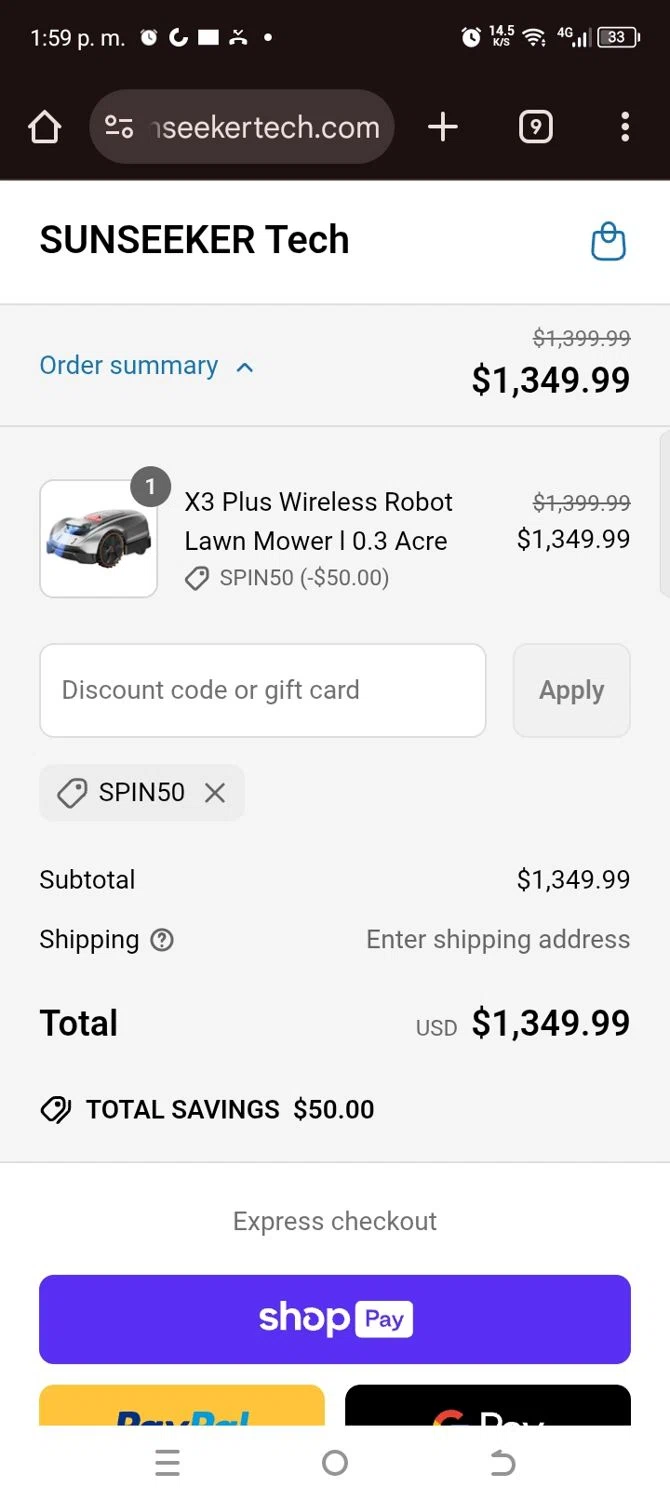 SUNSEEKER Tech promo code screenshot showing code Spin50 applied at SUNSEEKER Tech checkout page. Uploaded by SimplyCodes community member kellymoreno on Jun 19, 2025