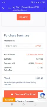 Sunset Lake CBD coupon verification screenshot