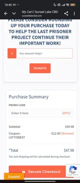 Sunset Lake CBD coupon verification screenshot