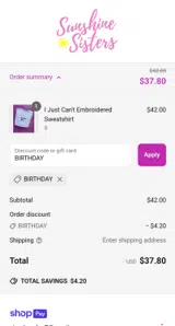 Sunshine Sisters coupon verification screenshot