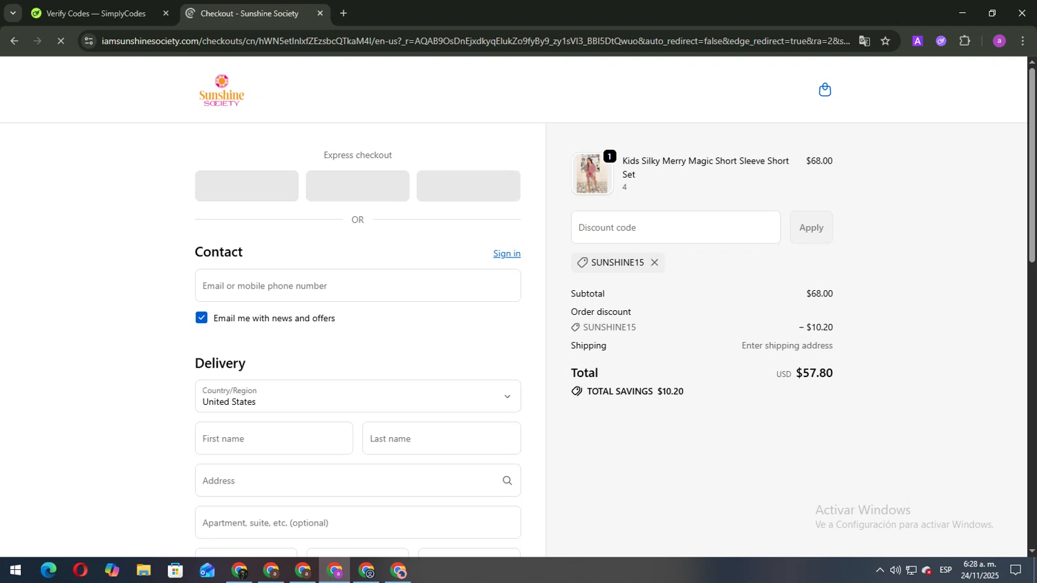 Sunshine Society promo code screenshot showing code SUNSHINE15 applied at Sunshine Society checkout page. Uploaded by SimplyCodes community member BukayoSaka on Nov 24, 2025