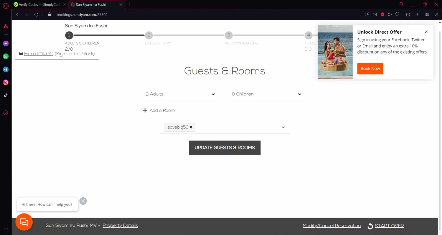 Sun Siyam Resorts checkout page showing Sun Siyam Resorts promo code box | Screenshot taken by SimplyCodes community member on Apr 29, 2024