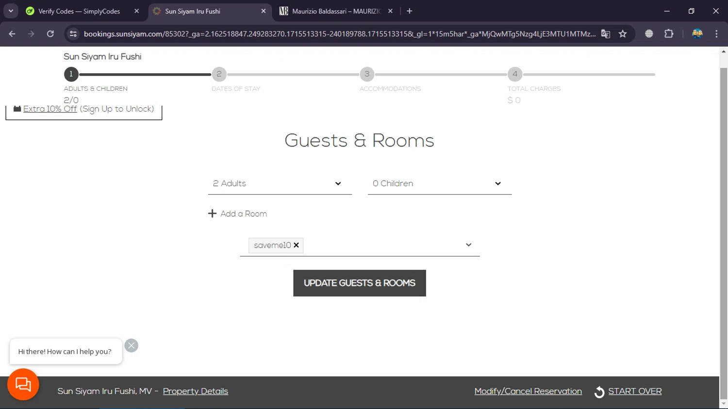 Sun Siyam Resorts checkout page showing Sun Siyam Resorts promo code box | Screenshot taken by SimplyCodes community member on May 12, 2024