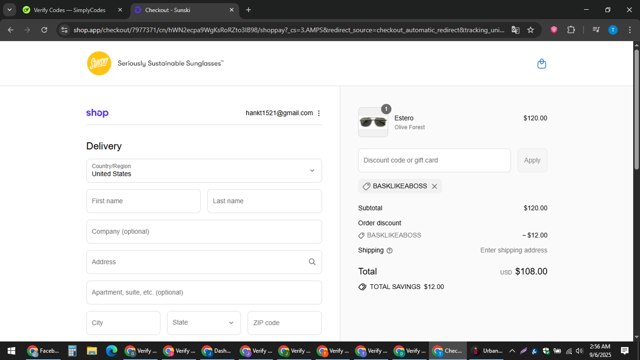 Sunski checkout page showing Sunski discount code box | Screenshot taken by SimplyCodes community member on Sep 6, 2025