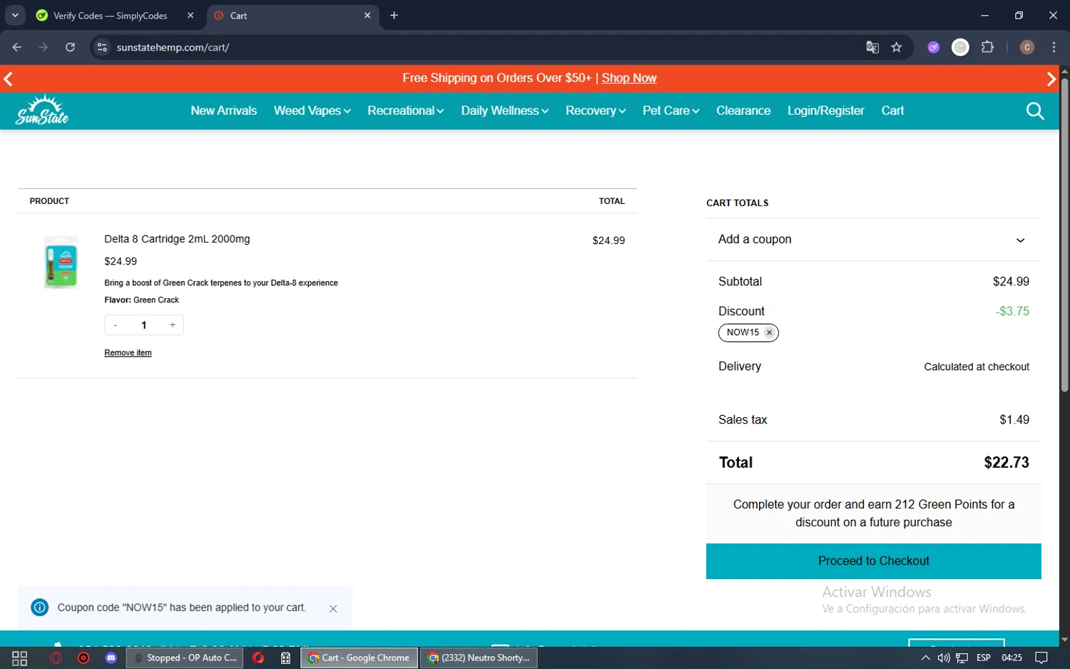 Sun State Hemp coupon code screenshot showing code NOW15 applied at Sun State Hemp checkout page. Uploaded by SimplyCodes community member QuestHunter1351 on Jun 20, 2025