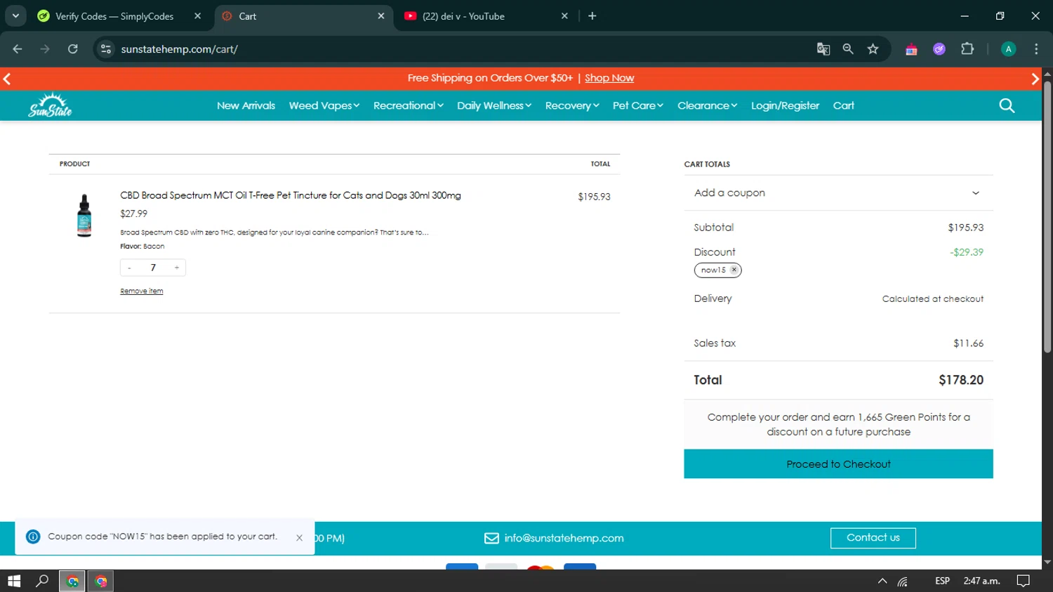 Sun State Hemp coupon code screenshot showing code NOW15 applied at Sun State Hemp checkout page. Uploaded by SimplyCodes community member simplycodescupons on May 16, 2025
