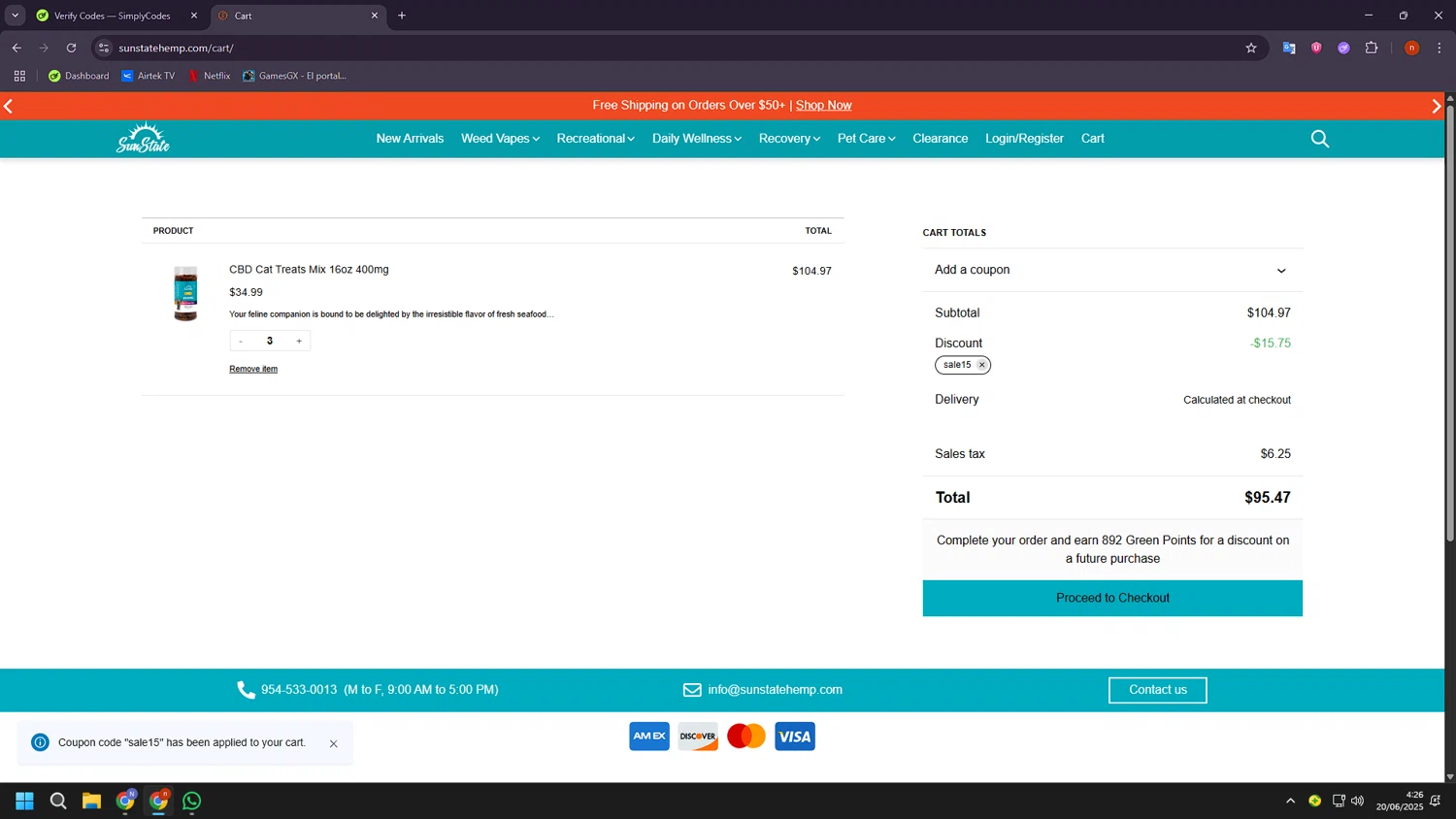 Sun State Hemp coupon code screenshot showing code sale15 applied at Sun State Hemp checkout page. Uploaded by SimplyCodes community member BudgetShopper182 on Jun 20, 2025