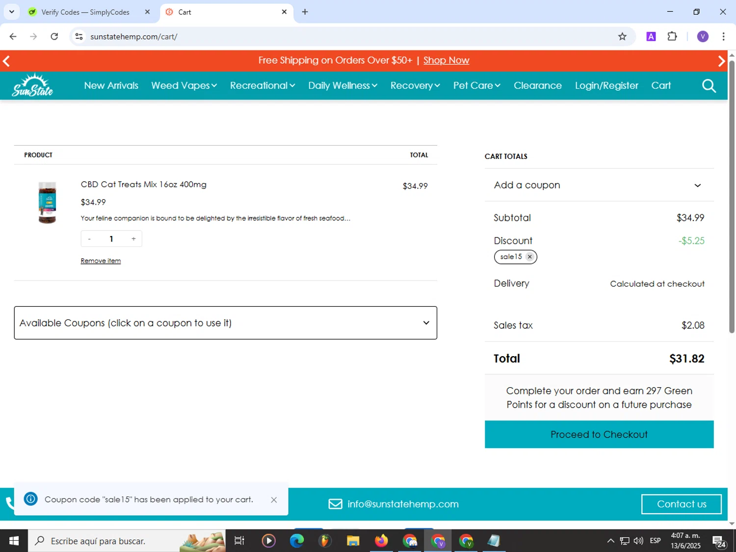 Sun State Hemp coupon code screenshot showing code sale15 applied at Sun State Hemp checkout page. Uploaded by SimplyCodes community member Satoru_gojo on Jun 13, 2025