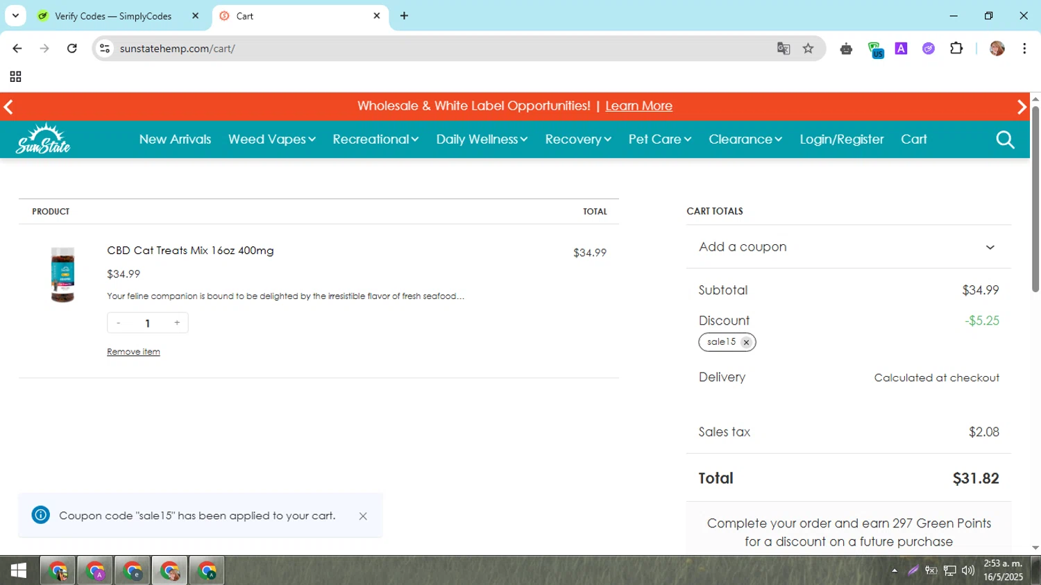 Sun State Hemp coupon code screenshot showing code sale15 applied at Sun State Hemp checkout page. Uploaded by SimplyCodes community member hectorpetit1 on May 16, 2025