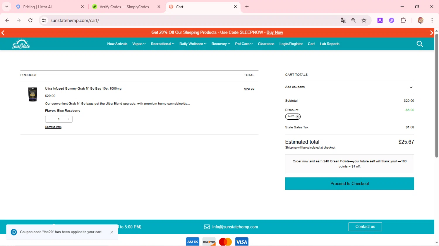 Sun State Hemp checkout page showing Sun State Hemp coupon code box | Screenshot taken by SimplyCodes community member on Dec 31, 2025