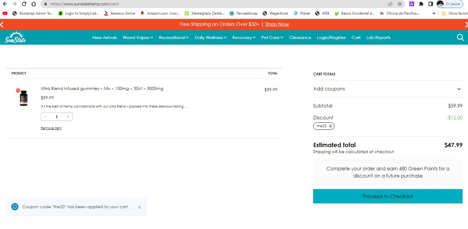 Sun State Hemp coupon code screenshot showing code the20 applied at Sun State Hemp checkout page. Uploaded by SimplyCodes community member pollima on Nov 3, 2025