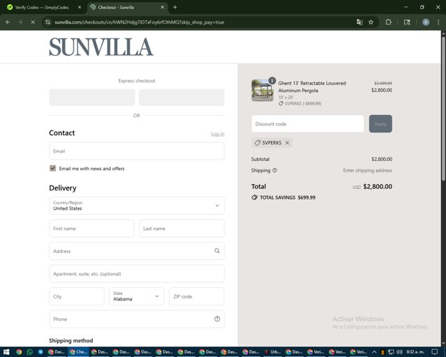 SunVilla checkout page showing SunVilla coupon code box | Screenshot taken by SimplyCodes community member on Aug 27, 2025