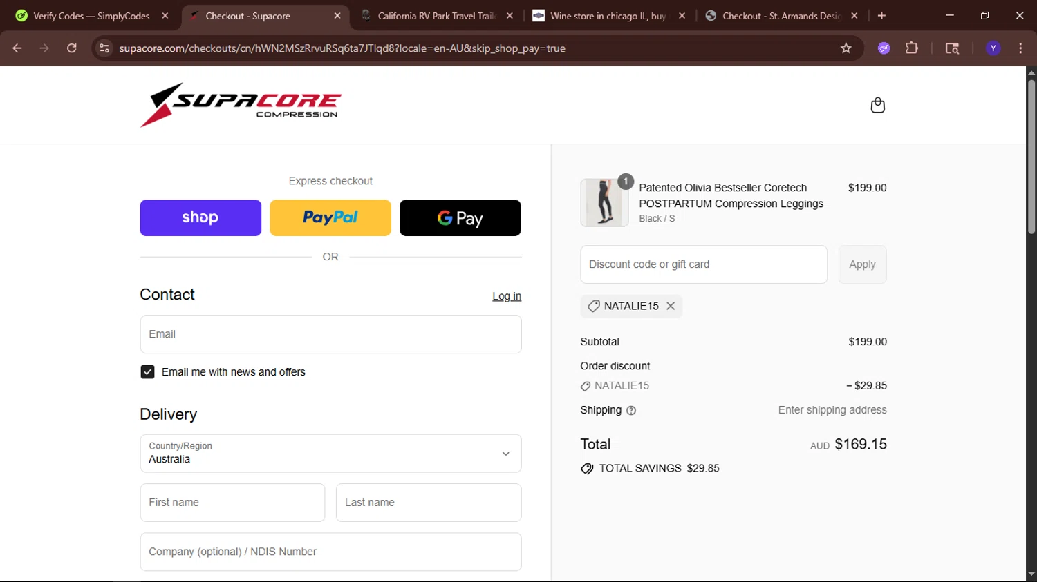 Supacore discount code screenshot showing code NATALIE15 applied at Supacore checkout page. Uploaded by SimplyCodes community member TokenElite6436 on Aug 29, 2025