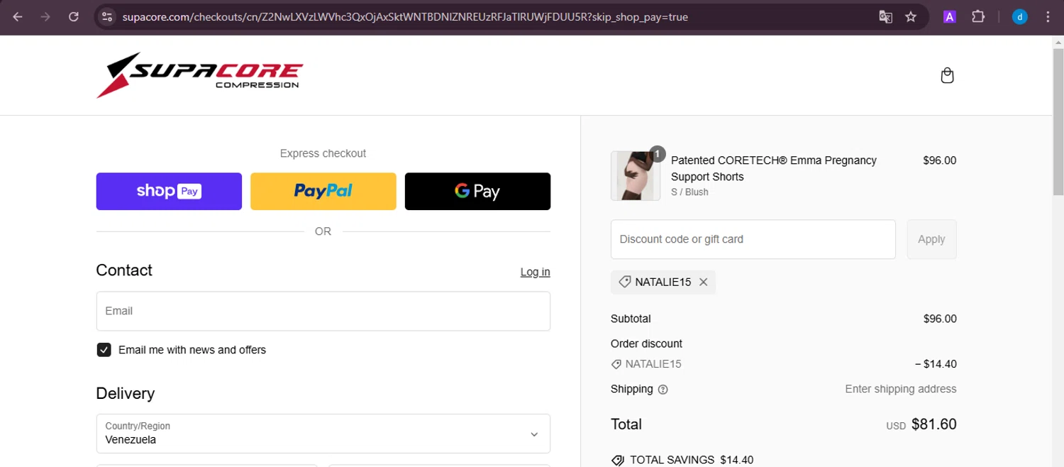 Supacore discount code screenshot showing code NATALIE15 applied at Supacore checkout page. Uploaded by SimplyCodes community member ShieldKnight4744 on Feb 11, 2025