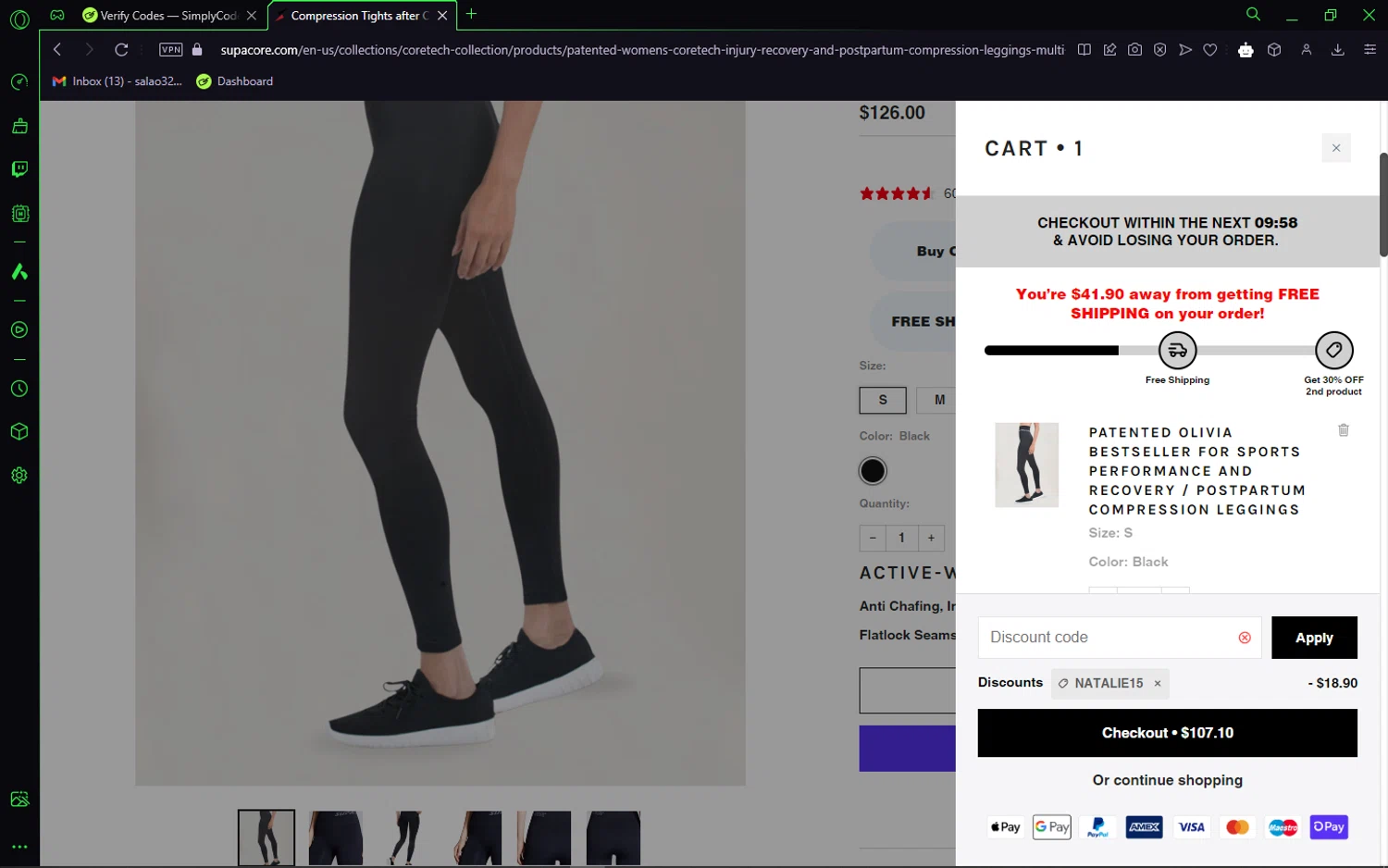 Supacore discount code screenshot showing code NATALIE15 applied at Supacore checkout page. Uploaded by SimplyCodes community member LegendaryCaptain2435 on Jan 15, 2025