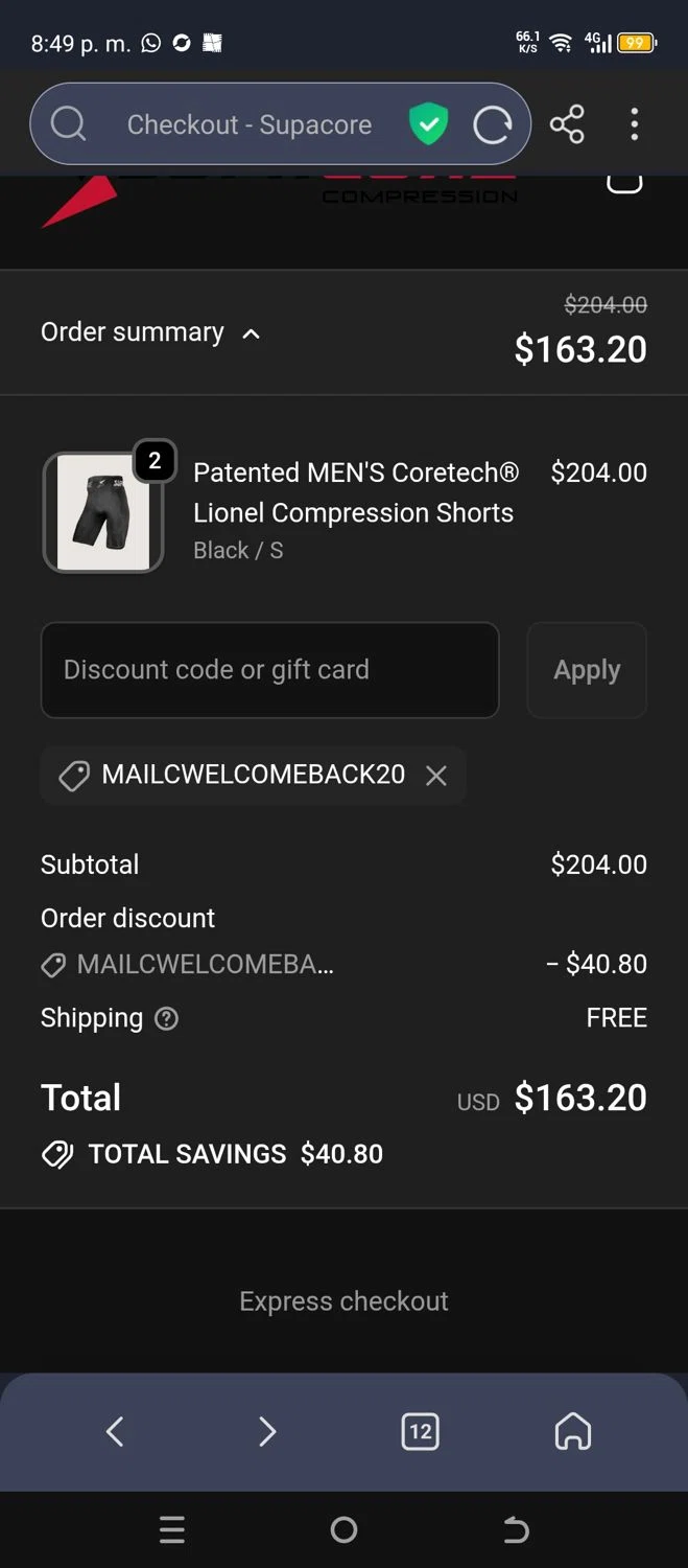 Supacore discount code screenshot showing code MAILCWELCOMEBACK20 applied at Supacore checkout page. Uploaded by SimplyCodes community member chepipi on Jan 11, 2026