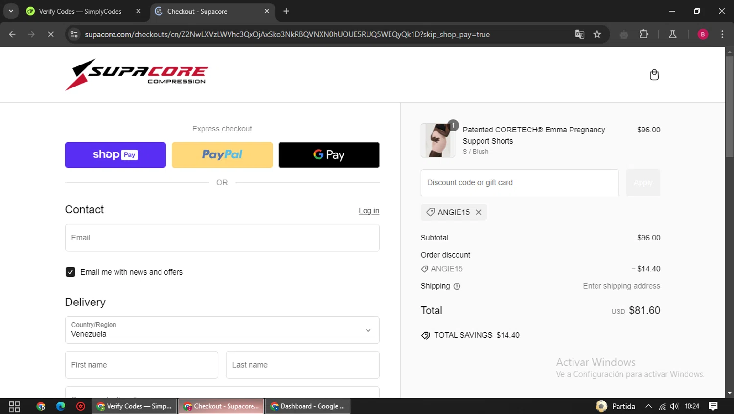 Supacore discount code screenshot showing code ANGIE15 applied at Supacore checkout page. Uploaded by SimplyCodes community member SwiftSage1747 on Jan 22, 2025