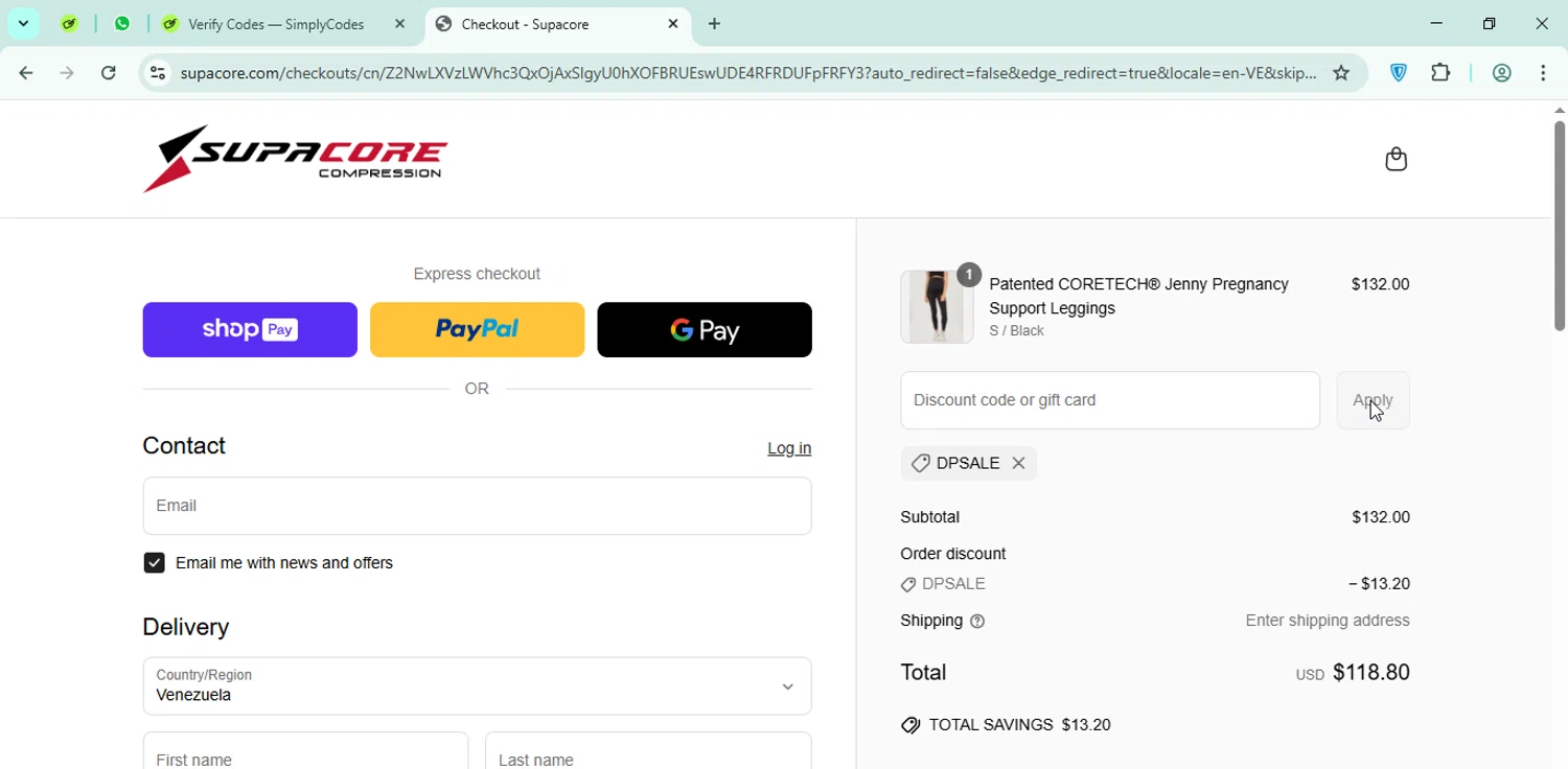 Supacore discount code screenshot showing code DPSALE applied at Supacore checkout page. Uploaded by SimplyCodes community member Logoteam on Jun 6, 2025