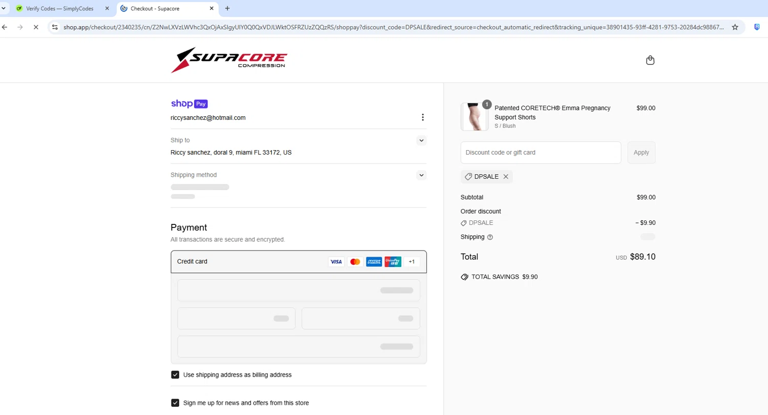 Supacore discount code screenshot showing code DPSALE applied at Supacore checkout page. Uploaded by SimplyCodes community member ShieldWarden5142 on Jun 6, 2025
